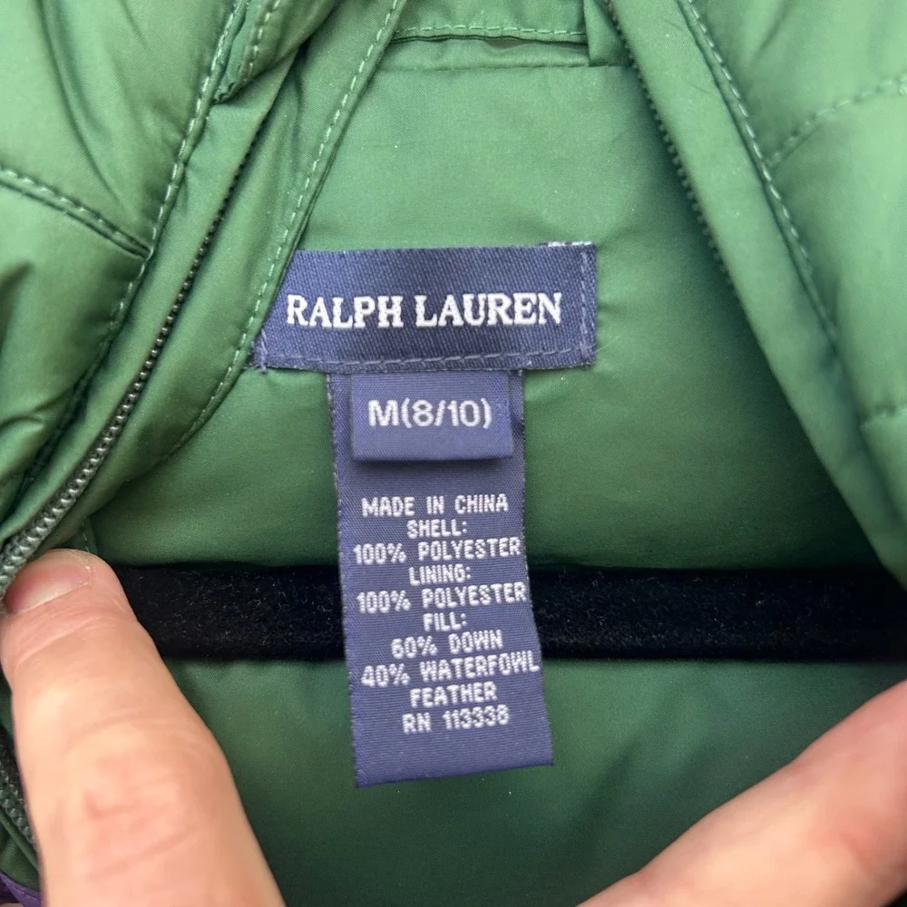 Ralph Lauren Kids Green Purple Down‎ Puffer Vest Hooded Crest Patch Size M 8/10
